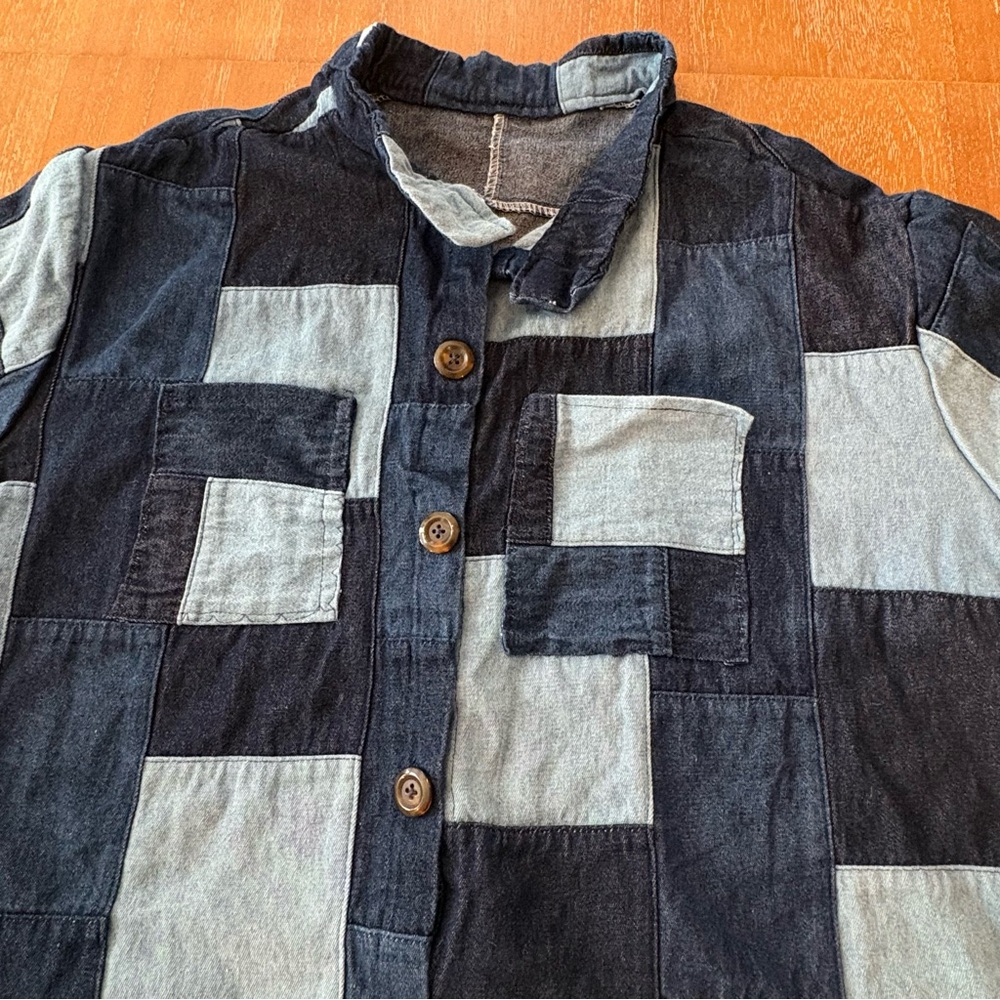 Patchwork Short Sleeve Two-Tone Denim Button-Up S… - image 3
